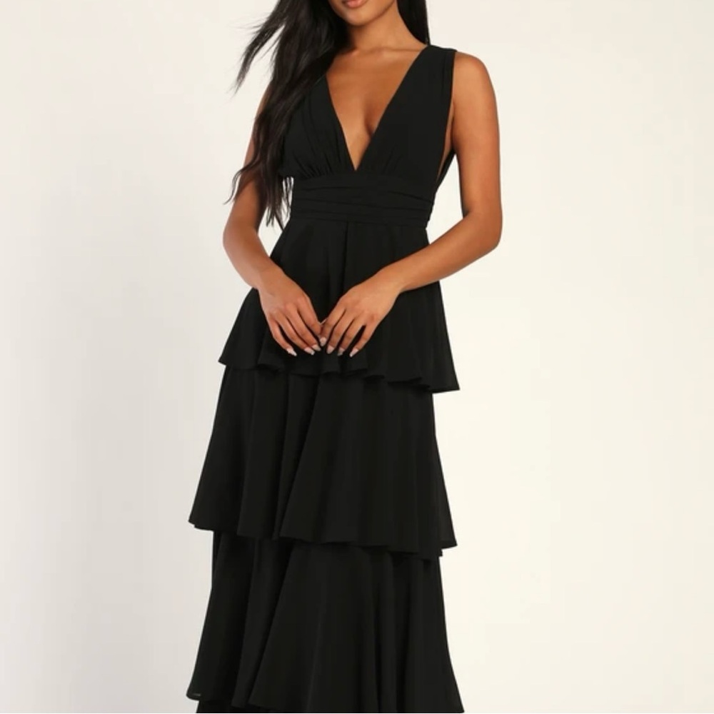 COPY - Lulus Maxi Dress Womens Medium Black Chiffon Tiered Ruffles Amazing Even…